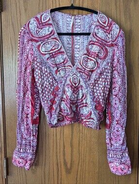Free People Wild Paisley Smocked V-Neck Crop Top Red Pink Large